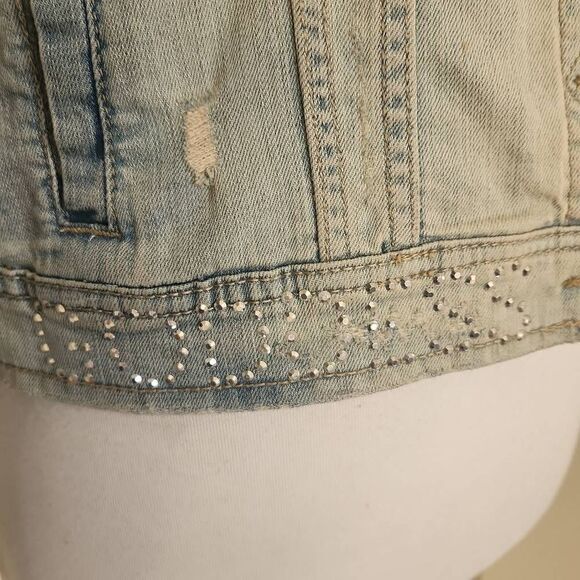 Aeropostale Upcycled Bleached and Distressed Denim Trucker Jacket, "Angel Wings" - Picture 6 of 11